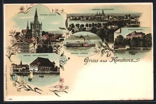 Lithographie Konstanz, Münster, Bodensee Dampfer