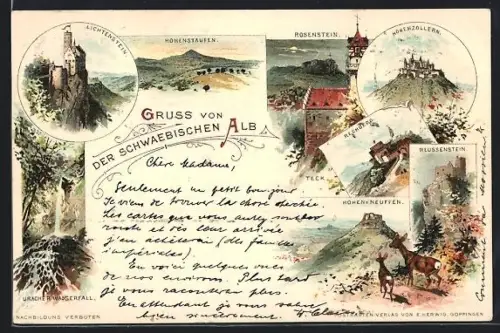 Lithographie Hohenstaufen /Schwaebische Alb, Schloss Rosenstein bei Mondschein, Burg Hohenzollern, Schloss Lichtenstein