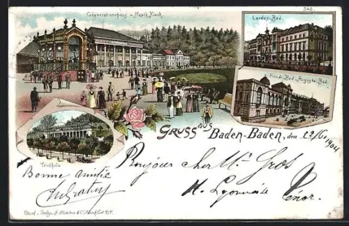 Lithographie Baden-Baden, Conversationshaus u. Musik Kiosk, Trinkhalle