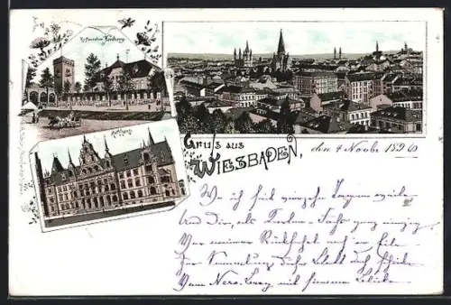 Lithographie Wiesbaden, Neroberg-Restaurant, Rathaus