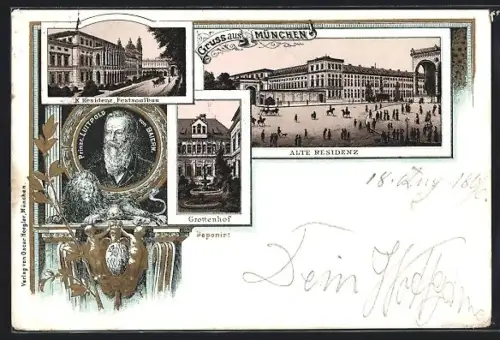 Lithographie München, K. Residenz Festsaalbau, Alte Residenz, Grottenhof