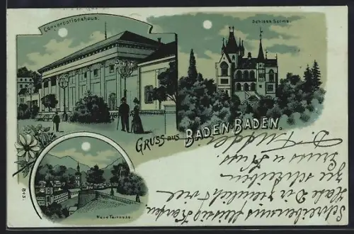 Mondschein-Lithographie Baden-Baden, Schloss Solms, Conversationshaus, Neue Terrasse