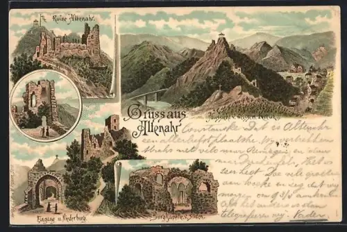 Lithographie Altenahr, Ruine, Eingang und Niederburg, Burgkapelle von Süden