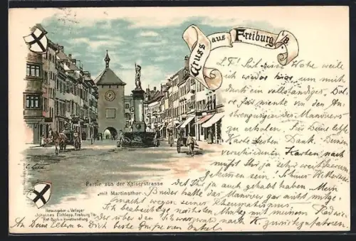 Lithographie Freiburg i. B., Kaiserstrasse mit Martinstor
