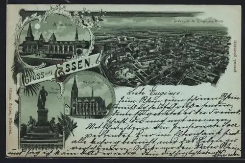 Mondschein-Lithographie Essen, Münsterkirche, Pauluskirche, Krupp-Denkmal