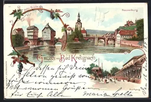 Lithographie Bad Kreuznach, Kauzenburg, Kurhaus, Nahe Brücke