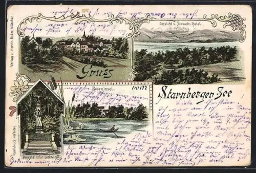 Lithographie Starnberg, Starnberger See mit Roseninsel, Ansicht v. Strauchs Hotel
