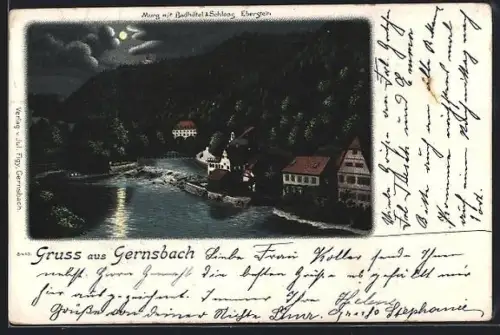 Lithographie Gernsbach, Murg mit Badhotel und Schloss Eberstein