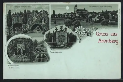 Mondschein-Lithographie Arenberg, Totalansicht mit Kirche, Grotte von Lourdes, Arme-Seelen-Kapelle