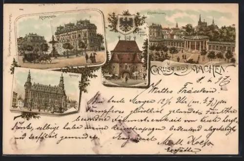 Lithographie Aachen, Kaiserplatz, Rathaus