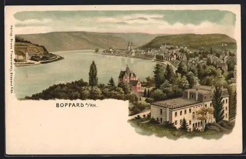 Lithographie Boppard a. Rh., Gesamtansicht mit Rhein aus der Vogelschau