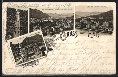Lithographie Bad Ems, Malbergbahn, Hotel zu den vier Türmen