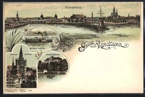 Lithographie Konstanz, Münster, Schloss Meinau, Bodenseedampfer