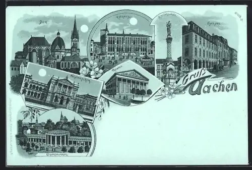 Mondschein-Lithographie Aachen, Kurhaus, Rathaus, Theater