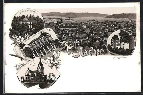 Lithographie Aachen, Lousberg mit Belvedere, Salvator Kirche u. Linzenhäuschen