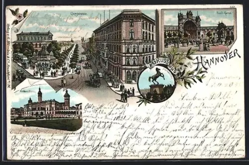 Lithographie Hannover, Georgstrasse, Welfenschloss, Tivoli-Garten, Sachsenross