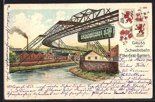 Lithographie Elberfeld-Barmen, Schwebebahn über der Wupper, Industriegebäude
