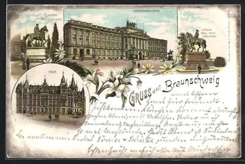 Lithographie Braunschweig, Post, Residenzschloss, Herzog Friedrich Wilhelm-Denkmal