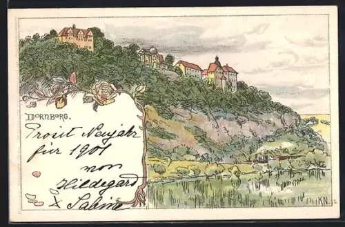 Lithographie Dornburg / Saale, Ortsansicht vom Fluss aus