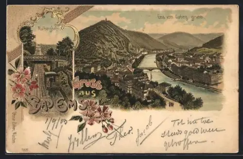 Lithographie Ems, Malbergbahn, Ems vom Gutenberg aus gesehen