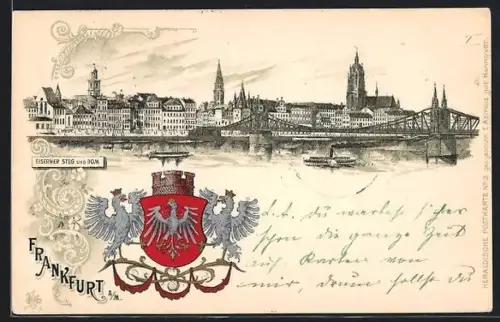 Lithographie Alt-Frankfurt, Eiserner Steg und Dom, Dampfer, Wappen