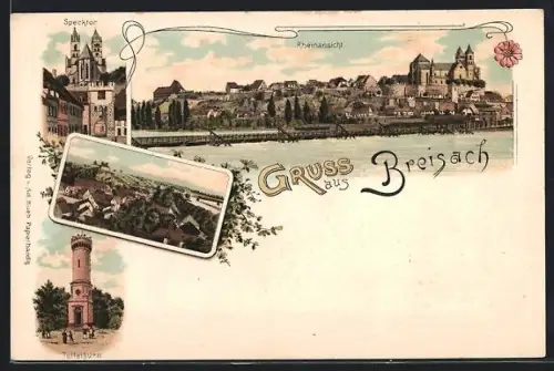 Lithographie Altbreisach, Tullaturm und Stadtpanorama