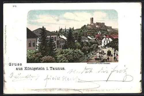 Lithographie Königstein im Taunus, Frankfurterstrasse mit Burg