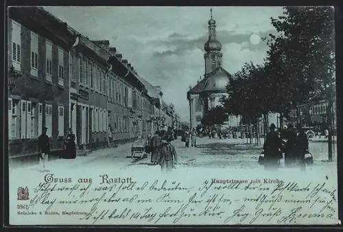 Mondschein-AK Rastatt, Hauptstrasse mit Kirche