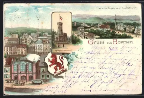 Lithographie Barmen, Bergbahn, Villen beim Toellethurm, Kriegerdenkmal und Wappen