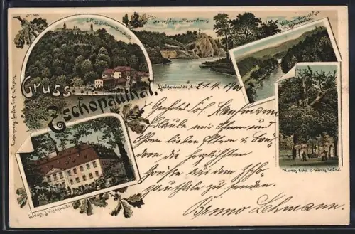 Lithographie Lichtenwalde /Zschopauthal, Schloss mit Mühle, Harrasfelsen mit Körnerkreuz, Harras-Eiche u. Harras-Denkmal