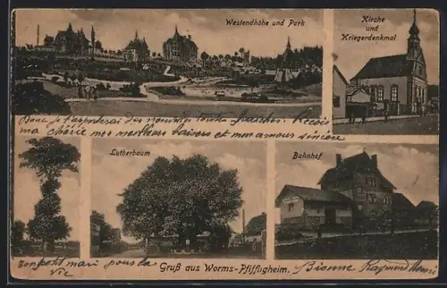 AK Worms-Pfiffligheim, Westendhöhe und Park, Kirche und Kriegerdenkmal, Lutherbaum, Bahnhof