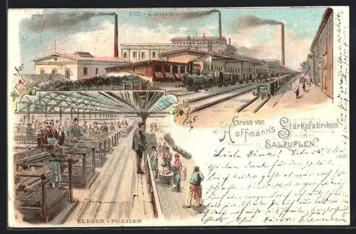 Lithographie Salzuflen, Hoffmann`s Stärkefabriken, Süd-Eingang, Kleber-Pressen