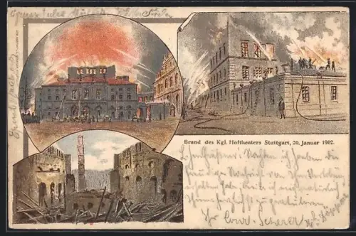 Lithographie Stuttgart, Brand des Kgl. Hoftheaters, 20. Januar 1902