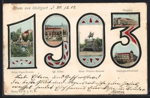 AK Stuttgart, Königsbau, Kgl. Schloss, Kaiser Wilhelm-Denkmal, Landtagsgebäude, 1903