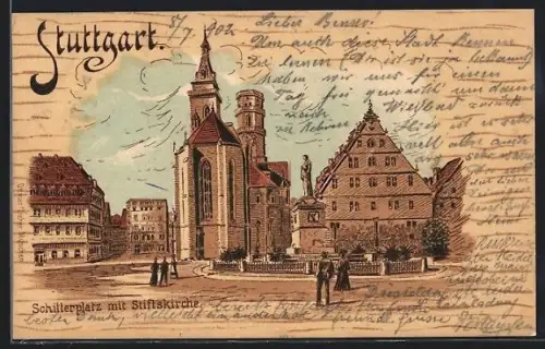 Lithographie Stuttgart, Schillerplatz, Stiftskirche