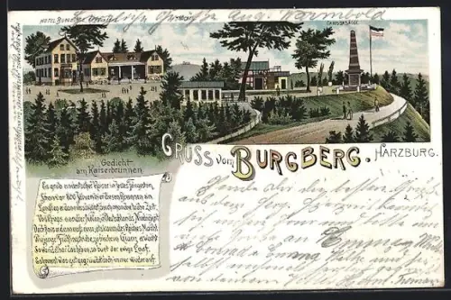 Lithographie Bad Harzburg /Burgberg, Kurhaus, Kaiserbrunnen, Kaiserdenkmal