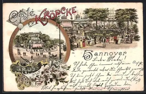 Lithographie Hannover, Café Kröpcke, Platzansicht, Gartenrestaurant