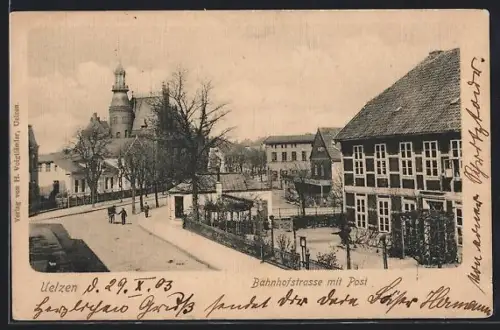 AK Uelzen, Bahnhofstrasse mit Post