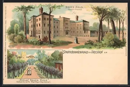 Lithographie Dresden, Stadtrankenhaus, Neues Haus, Geheimrath Walther-Denkmal