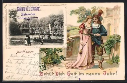 Lithographie Nordhausen, Parkansicht mit Denkmal