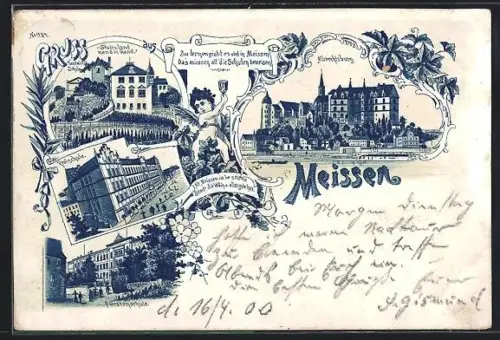 Lithographie Meissen, Albrechtsburg, Schulgebäude, Krankenhaus