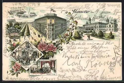 Lithographie Hannover, Continental-Hotel, Welfenschloss, Hotelhalle