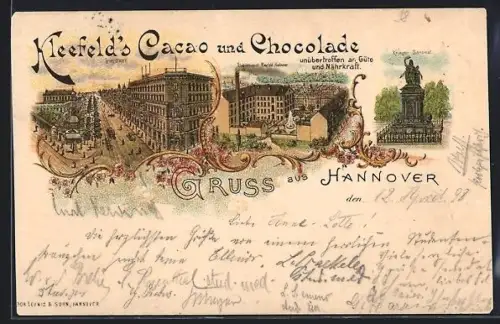 Lithographie Hannover, Georgstrasse, Krieger-Denkmal, Kleefeld`s Cacao und Chocolade Werbung
