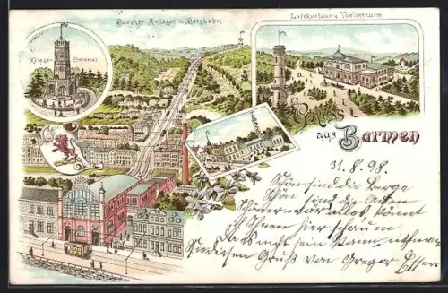 Lithographie Barmen, Krieger-Denkmal, Luftkurhaus, Anlagen der Bergbahn