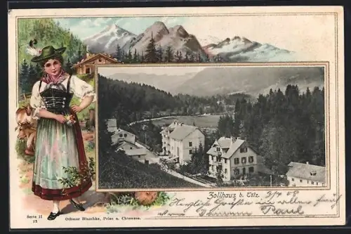 Passepartout-Lithographie Tölz., Ortsansicht, Zollhaus, Berge, Tracht