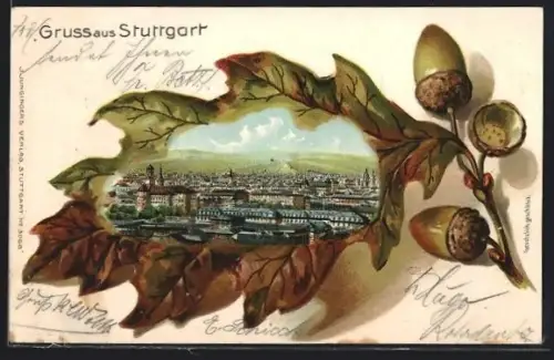 Passepartout-Lithographie Stuttgart, Ortsansicht, Eichenlaub und Eicheln