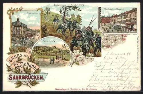 Lithographie Saarbrücken-St. Johann, Eisenbahnhotel, Spichernberg, Bahnhof am Bergamt