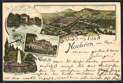 Lithographie Bad Nauheim, Sprudel, Kurhaus, Gesamtansicht