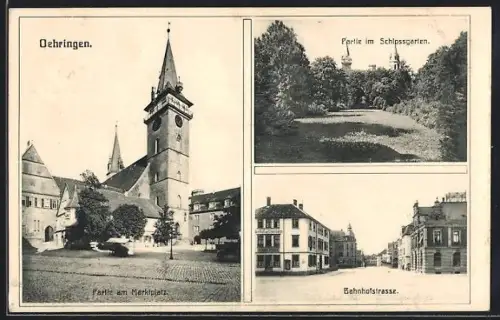 AK Öhringen, Partie am Marktplatz, Perle im Schlossgarten, Bahnhofstrasse