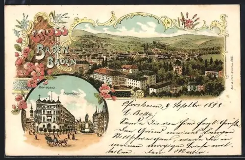 Lithographie Baden-Baden, Hotel Victoria, Leopoldplatz, Stadtpanorama